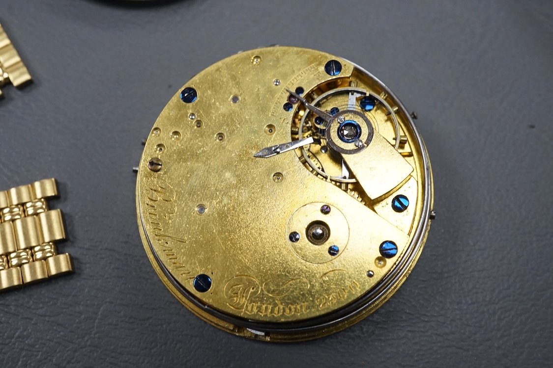 A late Victorian silver open faced keywind pocket watch, together with a Waltham gold plated pocket watch and six other items.